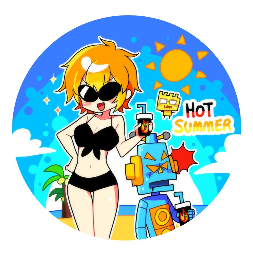 1girl 2boys absurdres alien beach bikini black_bikini breasts cup fronk highres holding holding_cup medium_breasts mike_(warioware) multiple_boys nintendo offbeat open_mouth orange_hair orbulon robot short_hair sparkle sun sunglasses swimsuit warioware