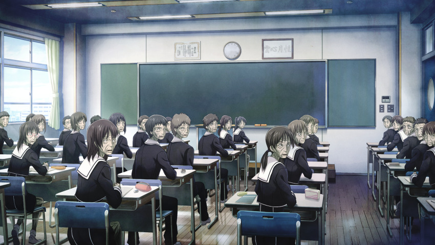 6+boys 6+girls black_hair black_jacket black_pants blank_eyes blazer board_eraser brown_hair chair chalkboard chaos;child chaos_child_syndrome classroom colored_skin cropped_jacket curtains desk dress_vest ears_visible_through_hair eraser from_behind game_cg green_hair green_skin hair_over_shoulder hekiho_academy hekiho_academy_school_uniform highres indoors jacket long_hair looking_at_viewer looking_back medium_hair multiple_boys multiple_girls non-web_source official_art old old_man old_woman on_chair open_mouth pants ponytail sailor_collar sailor_shirt sasaki_mutsumi school school_chair school_desk school_uniform shirt shoes short_hair sidelocks twintails uwabaki very_short_hair white_sailor_collar window wrinkled_skin