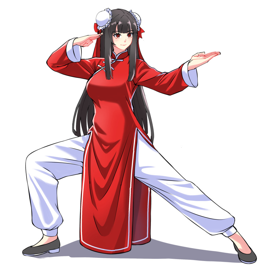 1girl absurdres black_hair changpao china_dress chinese_clothes double_bun dress fighting fighting_stance hair_bun highres kokoro_no_koibito kung_fu long_sleeves martial_arts monk original red_dress red_eyes self-upload shaolin_monk tangzhuang training