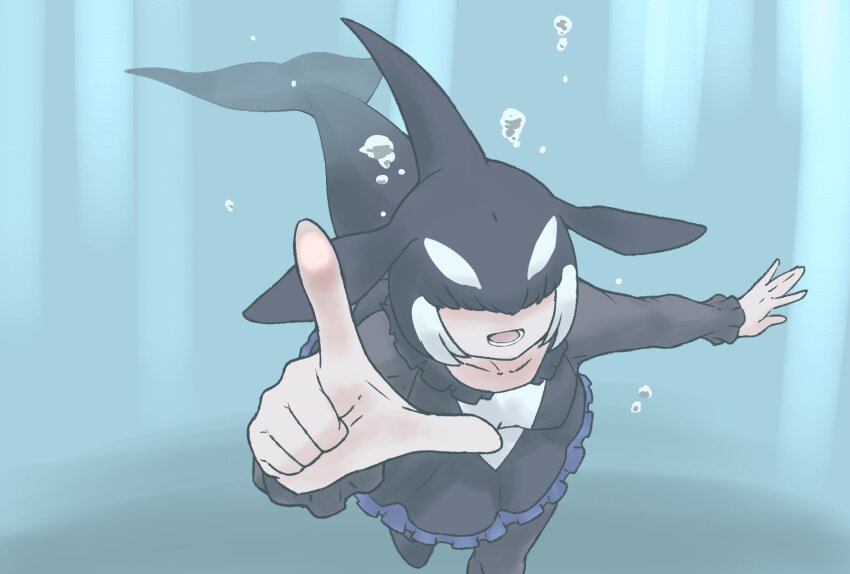 1girl black_dress black_hair black_pantyhose blowhole blunt_bangs blush breasts cetacean_tail dorsal_fin dress fins fish_tail frilled_dress frilled_sleeves frills gravi_pig4891 hair_over_eyes head_fins highres kemono_friends long_sleeves medium_breasts multicolored_hair orca_(kemono_friends) pantyhose pointing reaching reaching_towards_viewer short_hair sidelocks solo swimming tail two-tone_dress two-tone_hair underwater whale_girl white_dress white_hair