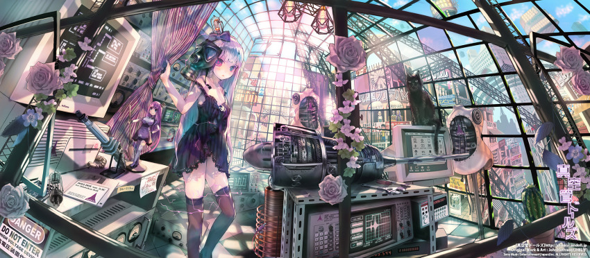 1girl 4boys black_cat black_thighhighs bow cactus cat clock computer figure floppy_disk flower gas_mask hair_bow highres john_hathway lingerie long_hair looking_at_viewer mask monitor multiple_boys off_shoulder original parted_lips purple_eyes purple_hair rose screwdriver sign thighhighs underwear vacuum_tube warning_sign watermark wrench