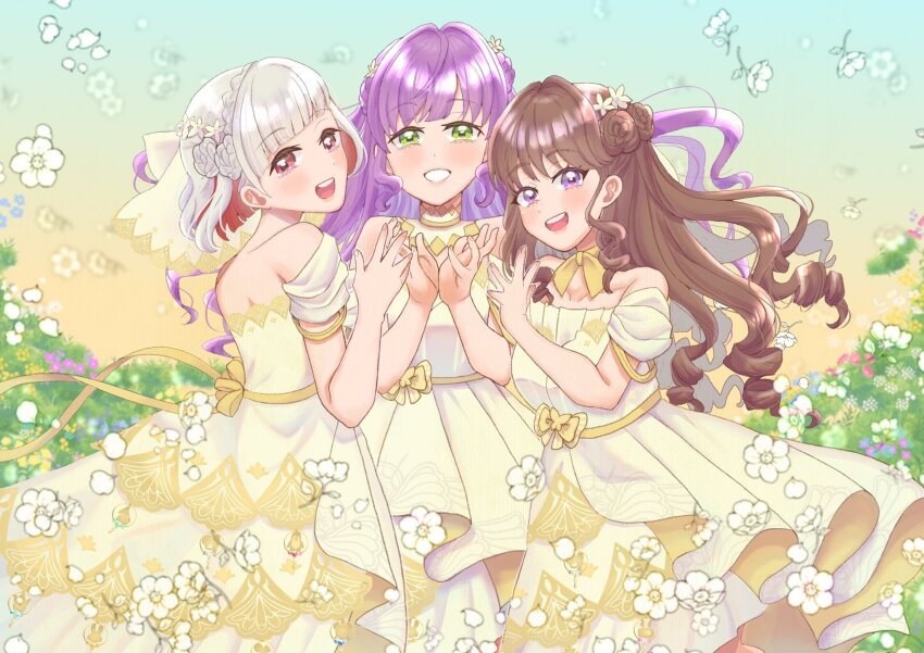 3girls blue_background braid breasts brown_hair collarbone colored_inner_hair commentary_request crown_braid dress drill_hair drill_sidelocks flower flower-shaped_hair flower_hands frilled_dress frills fujishima_megumi gradient_background green_eyes grey_hair grin hair_flower hair_ornament highres itsudemo_itsumademo_(love_live!) link!_like!_love_live! long_hair looking_at_viewer love_live! medium_breasts multicolored_hair multiple_drills multiple_girls off-shoulder_dress off_shoulder official_alternate_costume open_mouth otomune_kozue purple_eyes purple_hair red_eyes red_hair sidelocks smile tamago_(tmgo_o) teeth upper_teeth_only virtual_youtuber white_flower yellow_background yellow_dress yugiri_tsuzuri