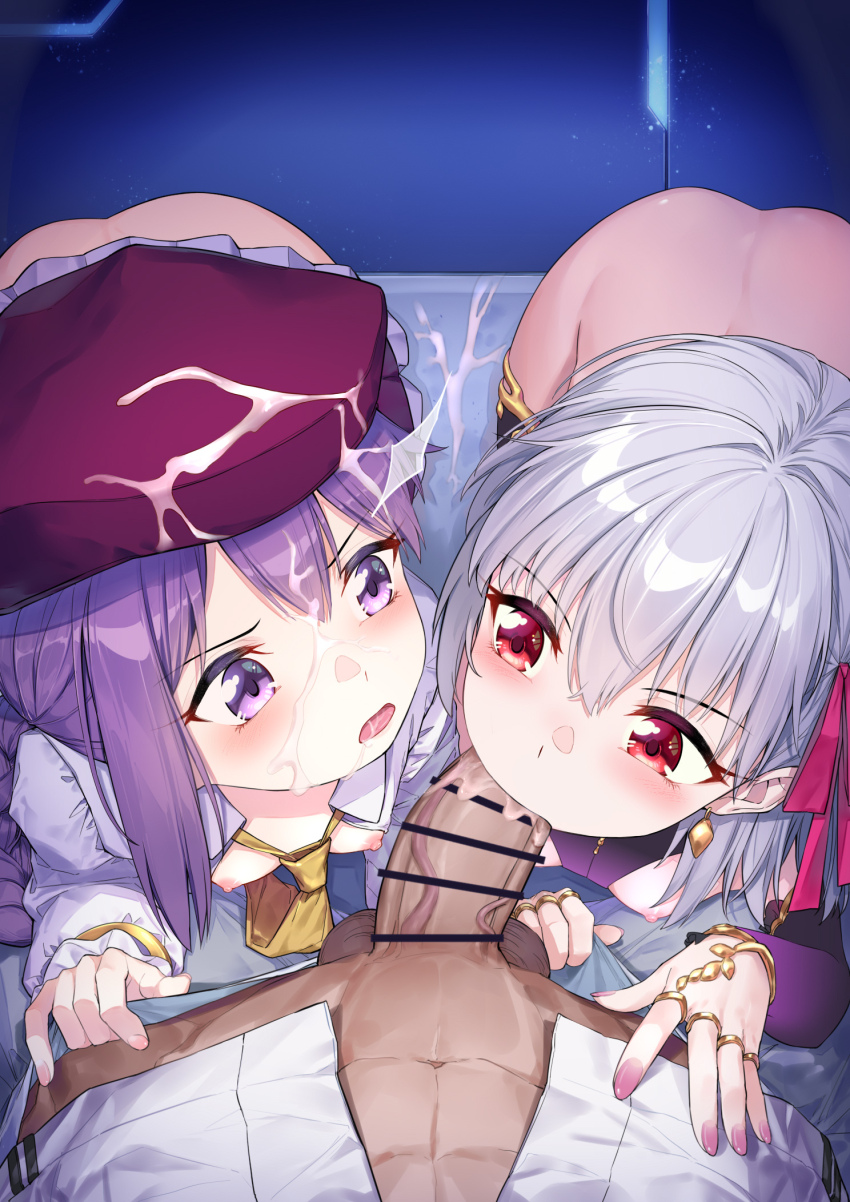1boy 2girls aged_down ass bar_censor blush breasts censored coffeekite cum cum_on_body cum_on_hair cum_on_headwear erection facial fate/grand_order fate_(series) fellatio ffm_threesome grey_hair group_sex highres kama_(fate) kama_(first_ascension)_(fate) long_hair multiple_girls necktie nipples oral penis pov purple_eyes purple_hair red_eyes short_hair sion_eltnam_(type-moon) sion_eltnam_sokaris small_breasts threesome white_hair yellow_necktie