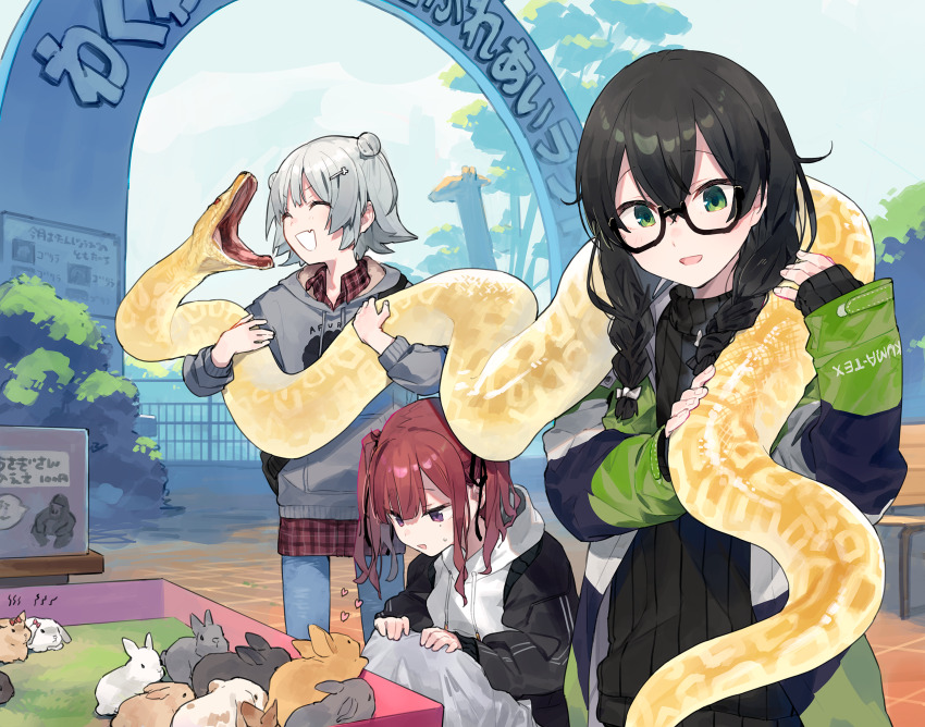 ^_^ anaconda animal arch bag bench black_hair black_jacket black_ribbon black_sweater bow braid cevio closed_eyes commentary_request crossed_bangs day denim double_bun fang fence flipped_hair giraffe glasses green_eyes grey_hair grey_hoodie grey_skirt hair_bow hair_bun hair_flaps hair_ornament hair_ribbon hairclip hanakuma_chifuyu hands_on_own_knees heart highres hitogome holding holding_animal holding_snake hood hood_down hoodie jacket jeans koharu_rikka long_hair long_skirt long_sleeves looking_at_animal low_twin_braids medium_hair multicolored_jacket natsuki_karin open_clothes open_jacket open_mouth outdoors pants petting_zoo plaid_clothes plaid_shirt purple_eyes rabbit raised_eyebrows red_hair red_shirt ribbed_sweater ribbon semi-rimless_eyewear shirt short_hair shoulder_bag skin_fang skirt sleeves_past_wrists smile snake squatting squiggle standing sweatdrop sweater synthesizer_v tree turtleneck turtleneck_sweater twin_braids twintails wavy_hair white_bow white_hoodie zoo