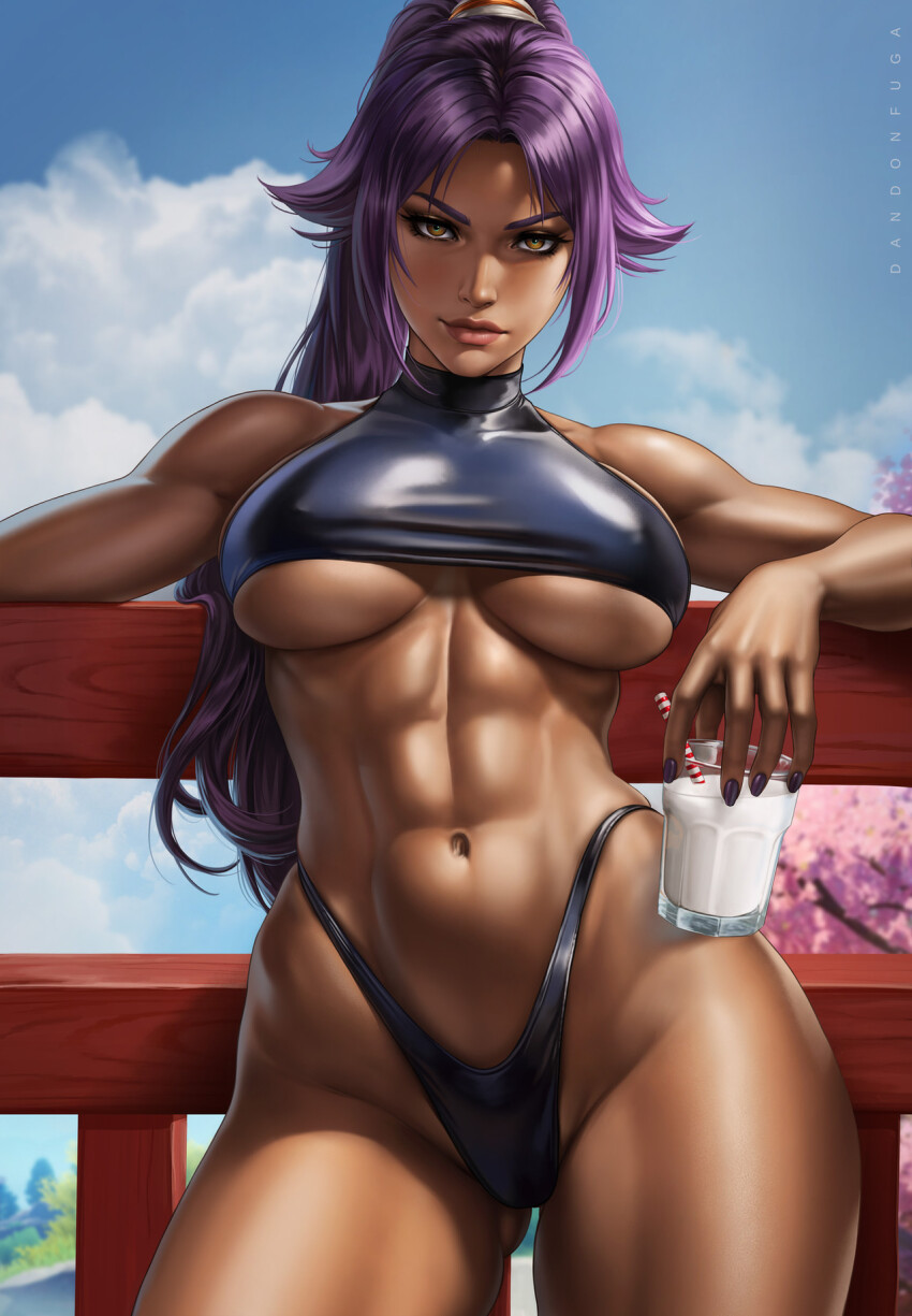 1girl abs against_railing black_leotard bleach blue_sky blush breasts cherry_blossoms cloud commentary contrapposto dandon_fuga dark-skinned_female dark_skin drinking_straw english_commentary glass highres jewelry large_breasts leotard long_hair looking_at_viewer milk navel ponytail purple_hair railing shihouin_yoruichi sky smile solo thighhighs yellow_eyes