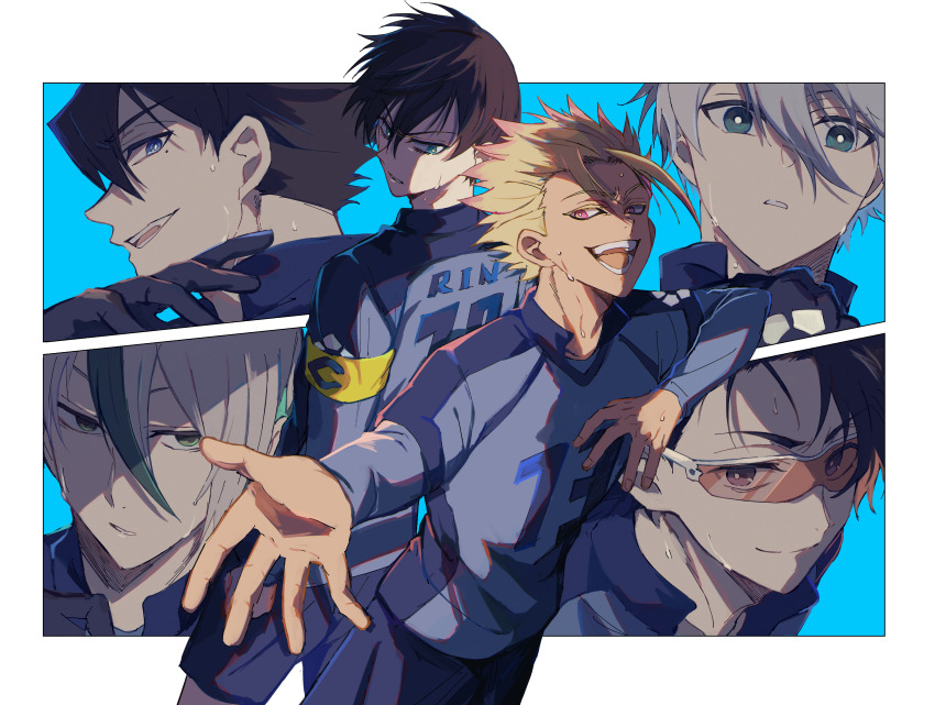 6+boys :d absurdres armband black_eyes black_gloves black_hair blonde_hair blue_background blue_eyes blue_lock blue_shirt blue_shorts closed_mouth collared_shirt cowboy_shot glasses gloves green_hair hand_up hands_up highres itoshi_rin karasu_tabito long_sleeves looking_away male_focus mole mole_under_eye multicolored_hair multiple_boys nagi_seishirou open_mouth otoya_eita pink_eyes portrait profile shidou_ryuusei shirt short_hair shorts smile soccer_uniform spiked_hair sportswear standing sweat toramaru_(696anna) two-tone_hair white_hair yellow_armband yukimiya_kenyu