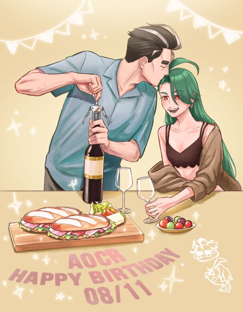 1boy 1girl black_bra blue_shirt bottle bra closed_eyes commentary_request cup drinking_glass earrings eyes_visible_through_hair food hair_down happy_birthday highres jacket jewelry kissing_head larry_(pokemon) long_hair multicolored_hair nintendo open_clothes open_jacket open_mouth plate pokemon pokemon_sv rika_(pokemon) sandwich shirt smile sparkle streaked_hair submarine_sandwich suma3695 thick_eyebrows tray two-tone_hair underwear very_long_hair wine_bottle wine_glass wooden_tray