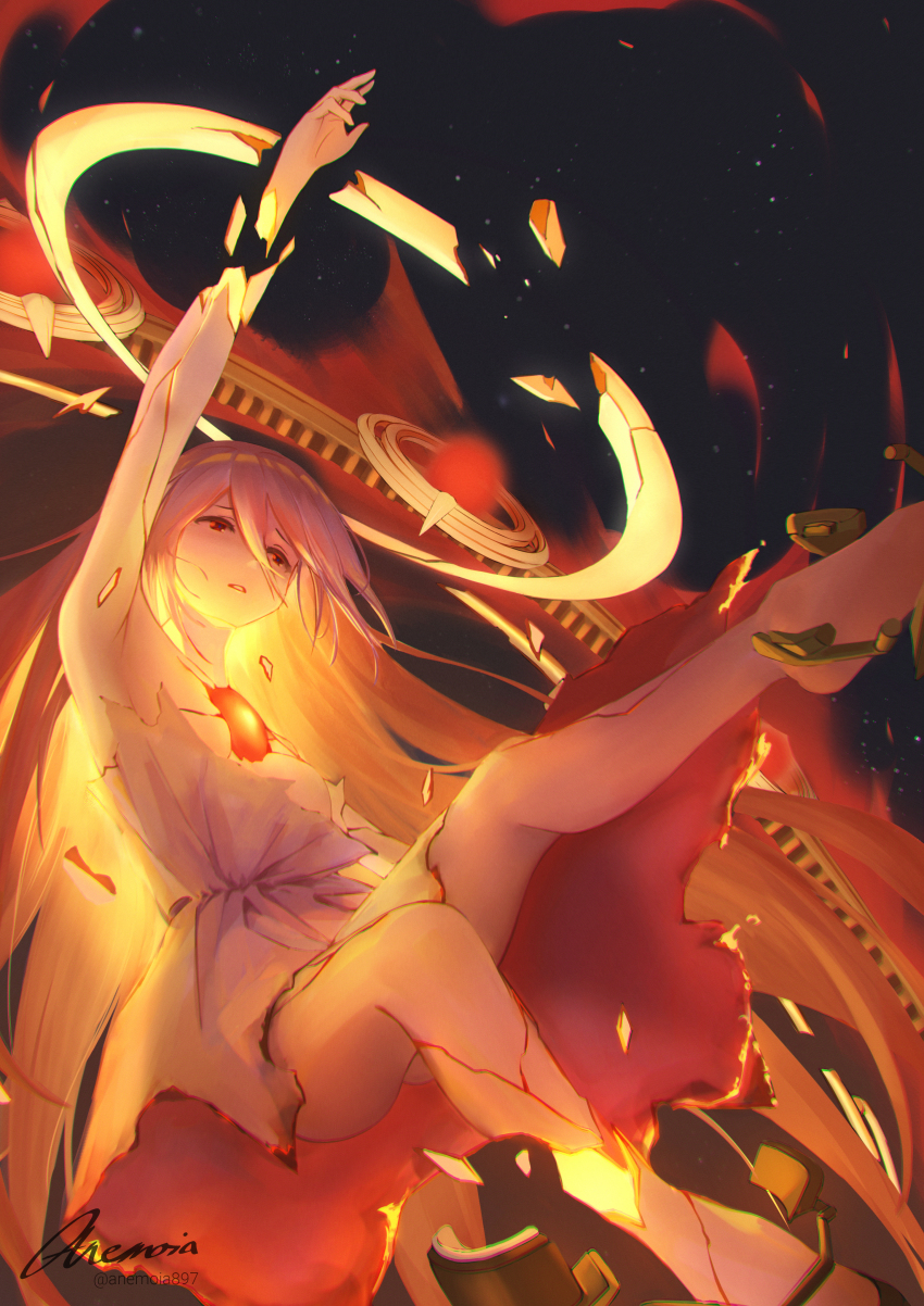1girl absurdres alchemy_stars anemoia897 breasts burnt_clothes chest_jewel dress fire hair_between_eyes halo highres long_hair no_nipples parted_lips raised_eyebrows reaching reaching_towards_viewer red_eyes severed_limb signature small_breasts solo strapless strapless_dress twitter_username uriel_(alchemy_stars) very_long_hair watermark white_dress