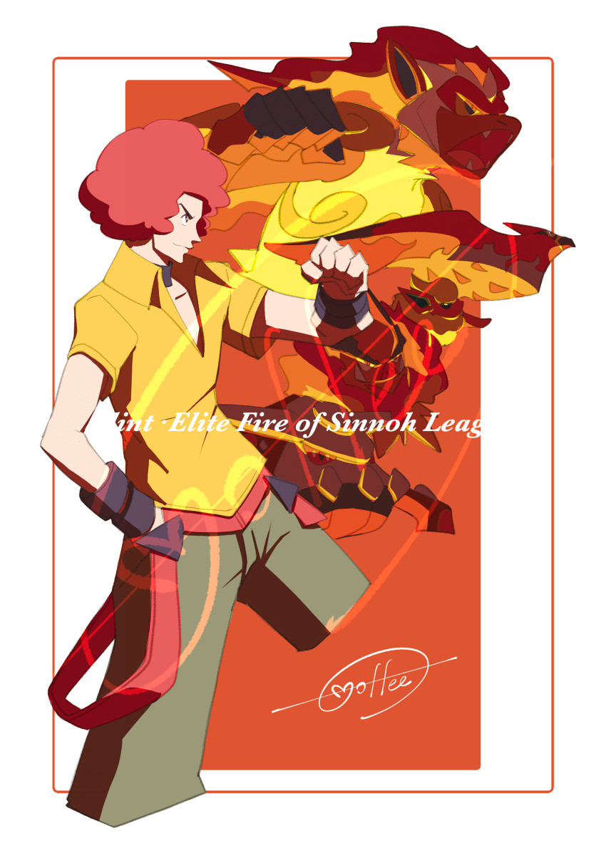 1boy absurdres afro belt border cccacademia character_name clenched_hand closed_mouth collarbone collared_shirt commentary_request emboar flareon flint_(pokemon) gen_1_pokemon gen_4_pokemon gen_5_pokemon gen_6_pokemon hand_on_own_hip hand_up heatran highres infernape legendary_pokemon legs_apart loose_belt male_focus nintendo orange_background pants pokemon pokemon_(creature) pokemon_dppt red_belt red_hair shirt signature smile talonflame white_border wristband yellow_shirt