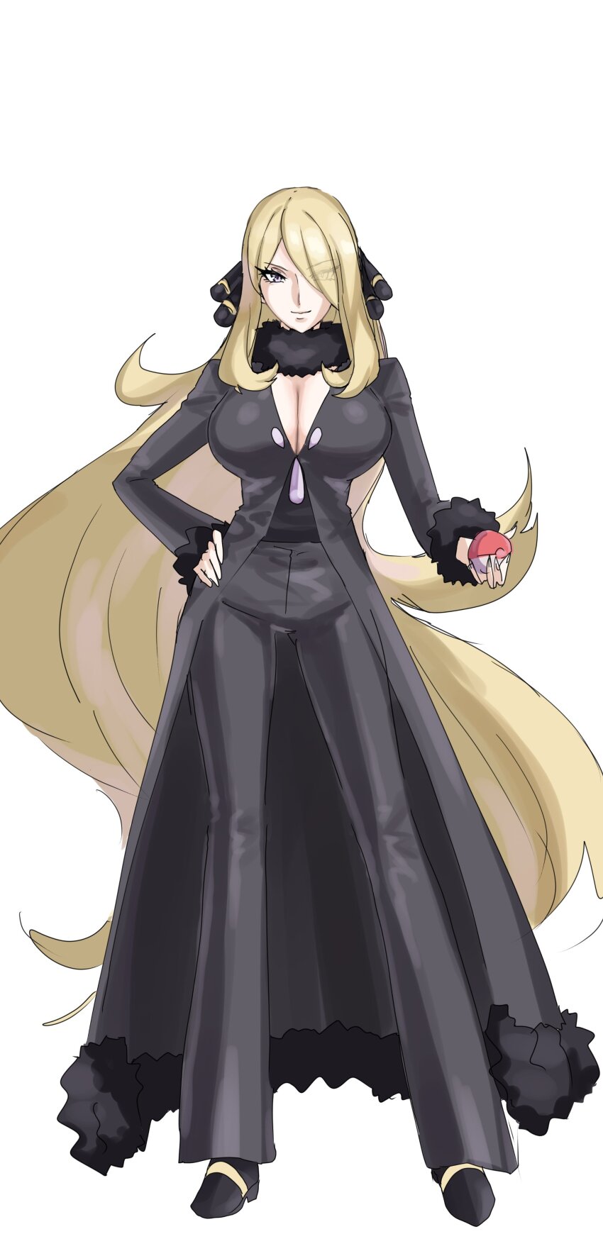 1girl absurdres black_pants blonde_hair breasts cleavage cynthia_(pokemon) eyes_visible_through_hair full_body hair_over_one_eye hand_on_own_hip highres holding holding_poke_ball large_breasts long_hair mogi_yasunobu nintendo pants poke_ball pokemon pokemon_dppt simple_background smile solo white_background