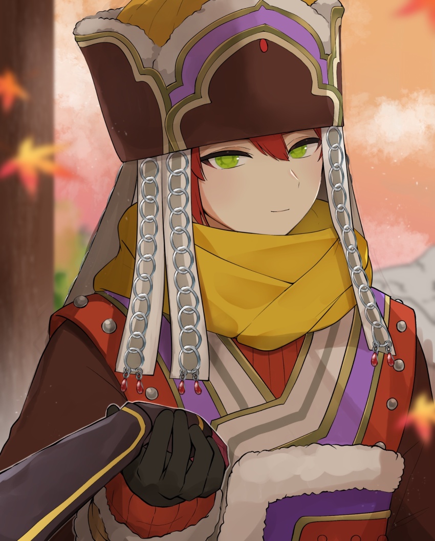 1boy 1girl ainu_clothes black_gloves blurry blurry_background closed_mouth cuilang_(rune_factory) eco_(comochz) gear-shaped_pupils gloves green_eyes hat highres holding_hands kaguya_(rune_factory) leaf looking_at_viewer red_hair rune_factory rune_factory:_guardians_of_azuma scarf solo_focus tree upper_body