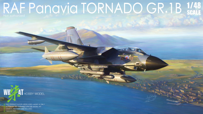 aircraft airplane bomb box_art cloud dated explosive fighter_jet great_wall_hobby highres jeffholy military_vehicle motor_vehicle no_humans ocean painting_(medium) panavia_tornado_(aircraft) port royal_air_force signature traditional_media water