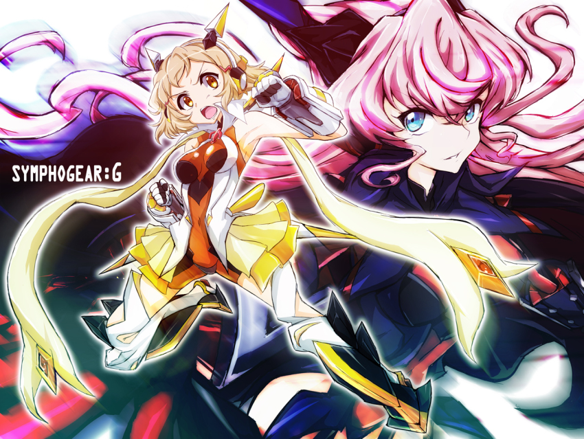 10s 2girls armor bad_id bad_pixiv_id bare_shoulders blue_eyes bodysuit brown_hair headphones long_hair maria_cadenzavna_eve multiple_girls nanai orange_eyes pink_hair scarf senki_zesshou_symphogear short_hair tachibana_hibiki_(symphogear)