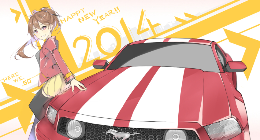 10s 1girl 2014 beige_skirt black_shirt black_thighhighs brown_hair car english_text female_focus fhang ford ford_mustang ford_mustang_s197 hair_between_eyes hair_ornament hairpin happy_new_year head_tilt jacket leaning_on_object long_hair long_sleeves mole mole_under_eye motor_vehicle new_year open_clothes open_jacket original parted_lips pleated_skirt ponytail red_eyes red_jacket shirt skirt solo standing striped thighhighs vehicle_focus zettai_ryouiki