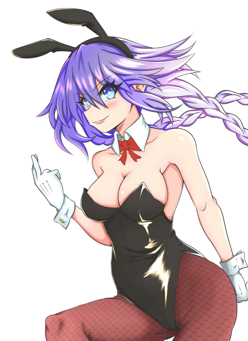 1girl animal_ear_hairband animal_ears black_leotard blue_eyes blush braid breasts cleavage detached_collar fake_animal_ears fishnet_pantyhose fishnets gloves hairband highres leotard long_hair medium_breasts neptune_(neptunia) neptune_(series) pantyhose playboy_bunny power_symbol power_symbol-shaped_pupils purple_hair purple_heart_(neptunia) rabbit_ears smile solo symbol-shaped_pupils toraxd001 transparent_background twin_braids very_long_hair white_wrist_cuffs wrist_cuffs