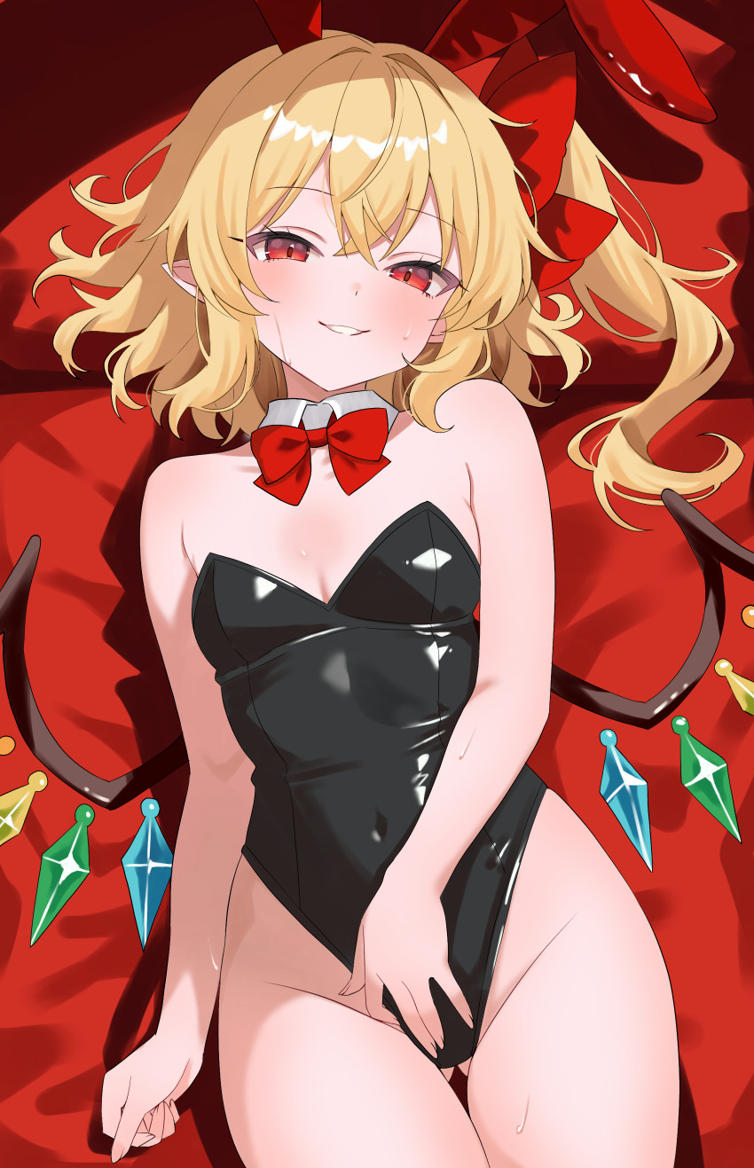 1girl absurdres alternate_costume animal_ears bare_arms bare_shoulders black_leotard blonde_hair bow bowtie breasts cleavage covered_navel crystal_wings detached_collar fake_animal_ears flandre_scarlet gluteal_fold grin hair_bow hand_on_own_crotch highleg highleg_leotard highres leotard long_hair looking_at_viewer one_side_up playboy_bunny pointy_ears rabbit_ears red_eyes small_breasts smile solo strapless strapless_leotard sweat thigh_gap thighs tillots touhou