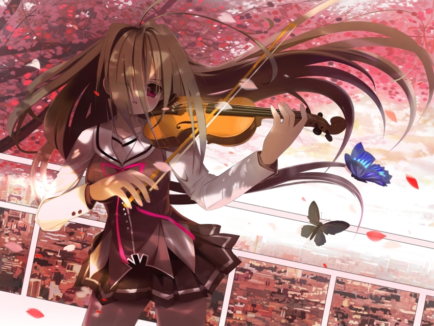1girl ahoge black_butterfly black_legwear black_skirt blue_butterfly bow_(music) brown_hair bug butterfly day female_focus g-senjou_no_maou hair_over_one_eye insect instrument long_hair long_sleeves music outdoors petals playing_instrument railing red_eyes school_uniform skirt solo susugi usami_haru very_long_hair violin