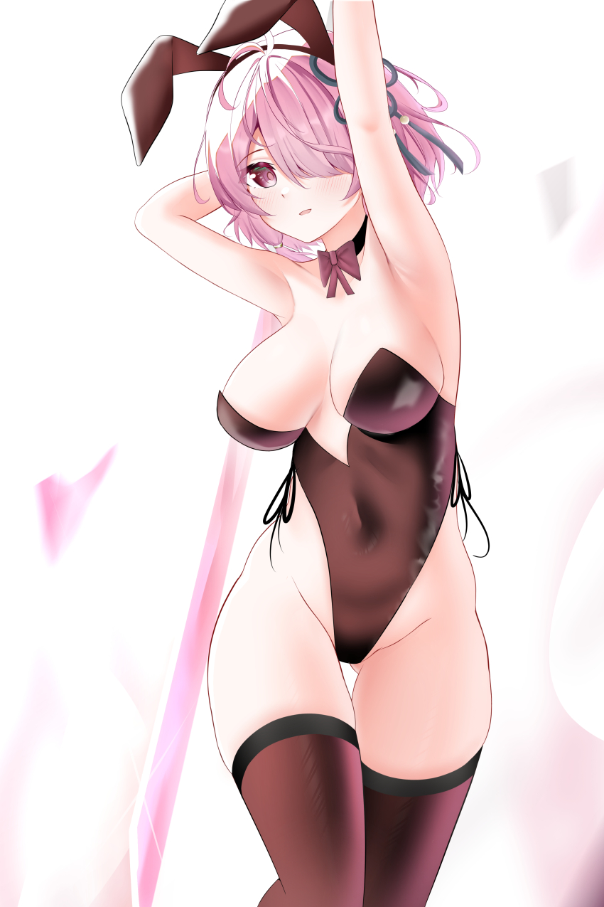 1girl absurdres bare_shoulders blush breasts cleavage curvy highres knosdeba large_breasts leotard open_mouth playboy_bunny self-upload short_hair simple_background smile taoqi_(wuthering_waves) thighhighs white_background wuthering_waves