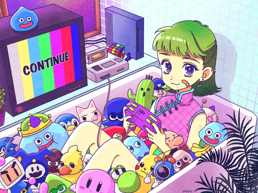 1girl bathtub blue_eyes blue_pikmin bomberman cactus character_request china_dress chinese_clothes chocobo controller copyright_request doko_demo_issho doseisan dragon_quest dress eyelashes famicom felyne final_fantasy fujishima_moyu game_console game_controller gen_1_pokemon gen_4_pokemon goomba green_eyes healslime highres holding holding_controller holding_game_controller inkling_(squid) inky_(pac-man) inoue_toro jack_frost_(megami_tensei) king_slime_(dragon_quest) kirby kirby_(series) knees_up mario_(series) monster_hunter_(series) moogle mother_(series) nintendo pac-man_(game) pikachu pikmin_(series) pink_dress piplup pokemon puyo_(puyopuyo) puyopuyo rubik&#039;s_cube sabotender shin_megami_tensei slime_(dragon_quest) sonic_(series) sonic_the_hedgehog splatoon_(series) television test_card white_bomberman wii yoshi