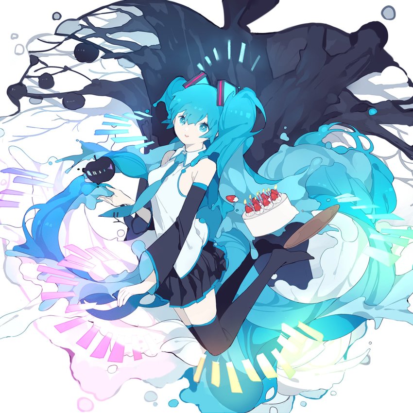 1girl apple bare_shoulders birthday_cake black_boots blue_eyes blue_hair blue_necktie blue_theme boots breasts bubble cake candle collared_shirt detached_sleeves floating food from_side fruit full_body hair_ornament hand_up hatsune_miku highres long_hair looking_at_viewer looking_to_the_side melting miniskirt n79oqc3yja6jlof necktie outstretched_arm pleated_skirt rainbow_order shirt skirt smile solo strawberry suna_no_wakusei_(vocaloid) thigh_boots tie_clip tree twintails vocaloid white_background white_shirt