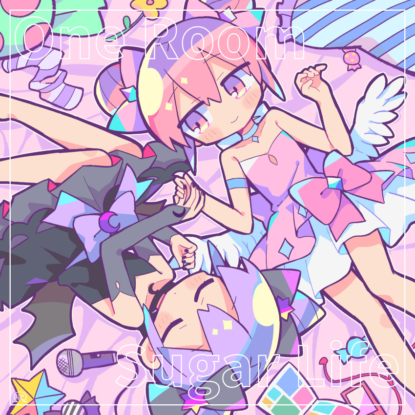 2girls absurdres alternate_costume angel angel_wings armband bat_wings bed_sheet black_choker black_dress black_gloves black_nails black_wings blue_armband blue_choker blush_stickers book border bow cable candy choker closed_eyes closed_mouth collarbone crescent_choker datenshi-chan_(nanawo_akari) digital_media_player double_bun dress drill_hair earbuds earphones elbow_gloves feathered_wings fingerless_gloves flat_chest flower food frilled_dress frills gloves hair_between_eyes hair_bow hair_bun highres holding_hands indie_utaite ipod jitome looking_at_another microphone multiple_girls nanawo_akari on_bed one_room_sugar_life_(nanawo_akari) open_book outline pink_bow pink_dress pink_hair purple_bow purple_hair richard_(richaball) rotational_symmetry short_hair sleeveless sleeveless_dress smile socks song_name star_(symbol) striped_pillow white_border white_outline white_wings wings yellow_flower yuri