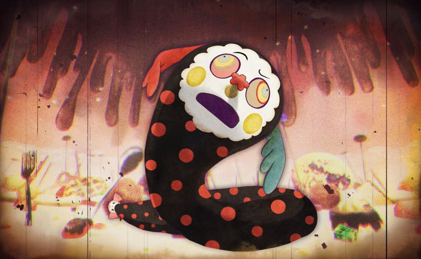 artist_request blush_stickers candy charlotte_(madoka_magica) cookie creature creature_focus cross-eyed defeat dizzy doll film_grain food fork frown game_cg highres icing light_particles magia_record:_mahou_shoujo_madoka_magica_gaiden mahou_shoujo_madoka_magica mahou_shoujo_madoka_magica_magia_exedra mismatched_sclera no_humans official_art open_mouth solo witch&#039;s_labyrinth witch_(madoka_magica)