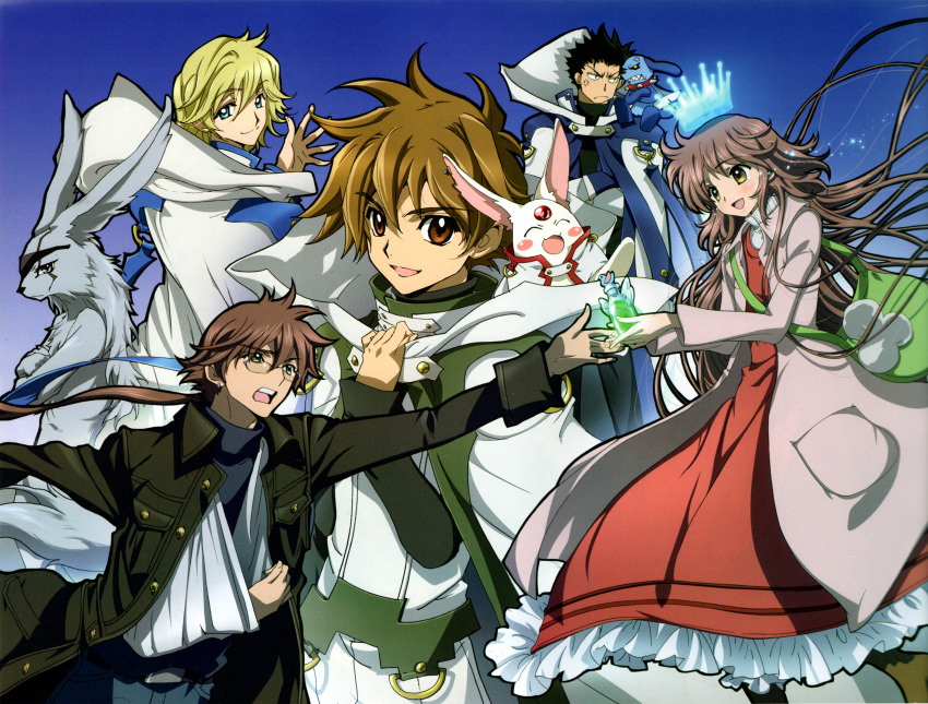 00s 1girl 4boys absurdres anger_vein animal_ears annoyed arm_sling bag belt black_hair blonde_hair blue_eyes blush bottle broken_arm brown_hair cape casual clamp closed_eyes coat creator_connection crossed_arms crossover crown dress eyepatch fai_d._flowright fujimoto_kiyokazu ginsei glasses green_eyes hanato_kobato happy_tears highres inada_tetsu ioryogi jacket kobato. kurogane kurogane_(tsubasa_chronicle) long_hair looking_back mokona multiple_boys namikawa_daisuke non-web_source open_mouth ponytail rabbit_ears reaching scar short_hair smile spoilers stuffed_animal stuffed_toy tears teeth tsubasa_chronicle very_long_hair voice_actor_connection xiaolang yellow_eyes