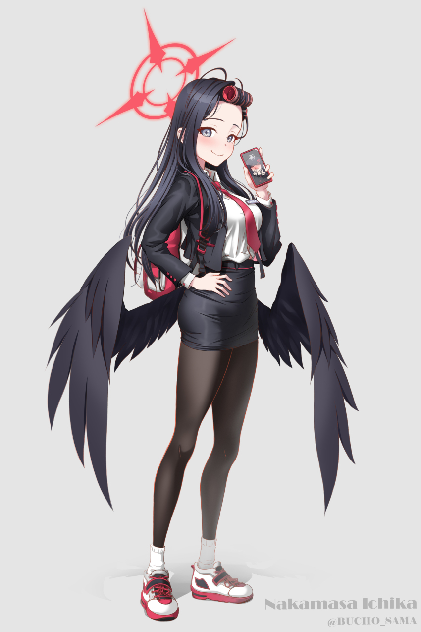 1girl absurdres backpack bag black_hair black_pantyhose black_wings blue_archive blush breasts bucho_sama cellphone commentary feathered_wings forehead full_body grey_eyes halo hand_on_own_hip highres holding holding_phone ichika_(blue_archive) jacket large_variant_set long_hair looking_at_viewer medium_breasts mixed-language_commentary necktie pantyhose pencil_skirt phone school_uniform shoes simple_background skirt smartphone smile sneakers socks socks_over_pantyhose solo variant_set white_socks wings
