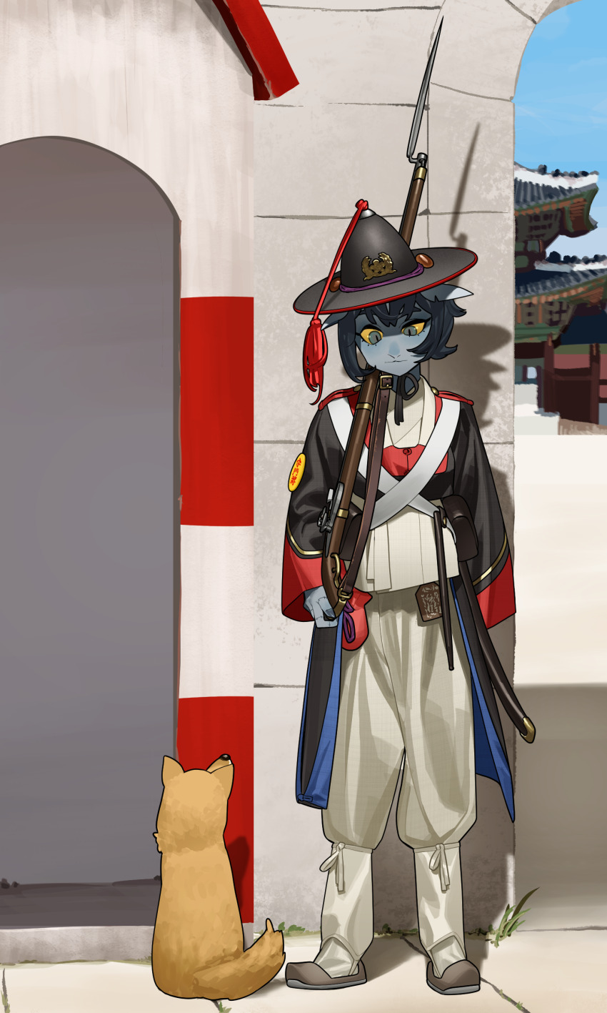 1girl absurdres architecture bayonet black_coat black_headwear blue_eyes blue_skin blue_sky closed_mouth coat colored_skin dog east_asian_architecture gun hat hat_tassel highres holding holding_gun holding_weapon military multicolored_coat original pzkpfwi shadow sky slit_pupils tassel weapon