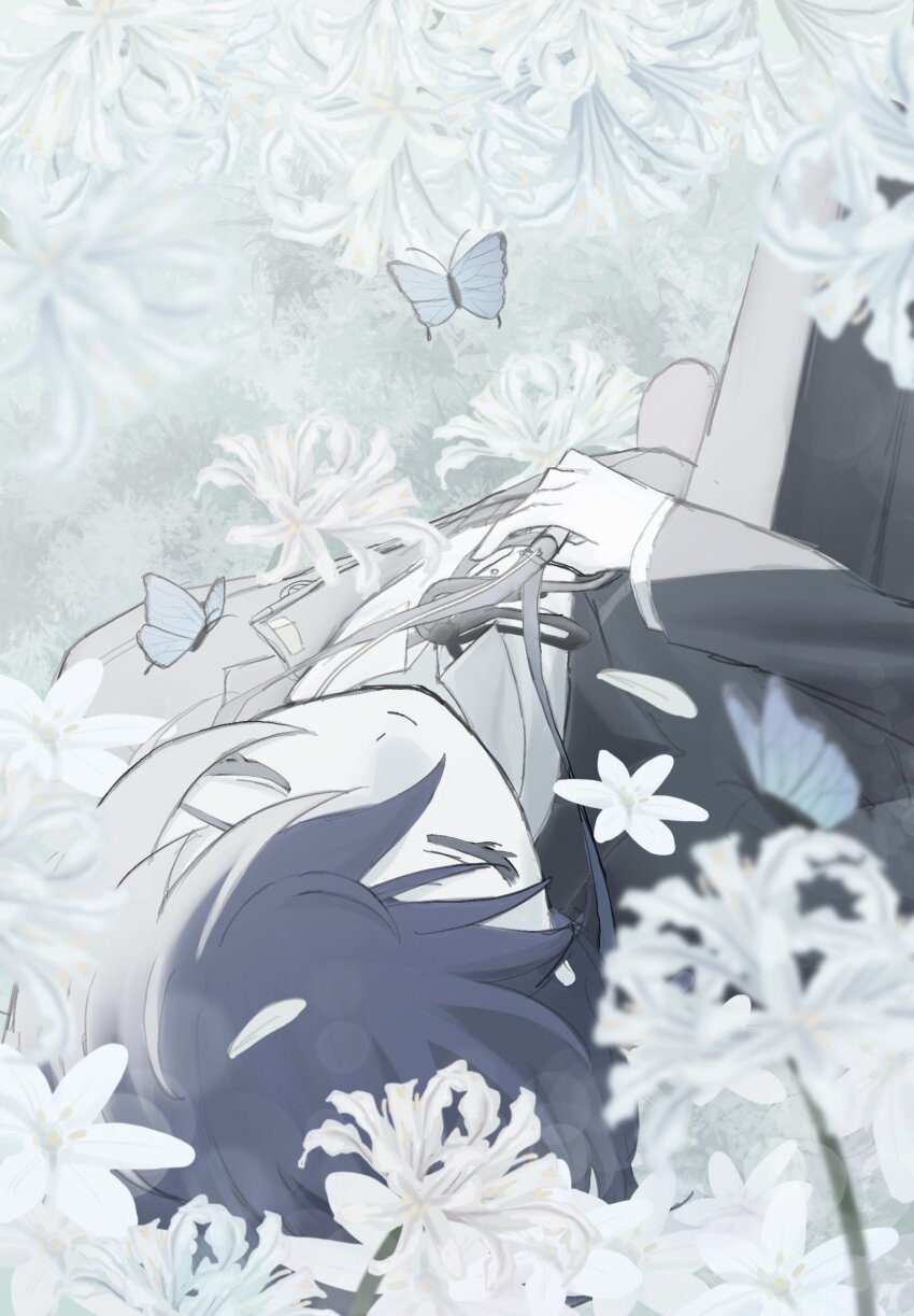 1boy black_jacket black_pants black_ribbon blue_butterfly blue_hair bug butterfly closed_eyes closed_mouth collared_shirt digital_media_player field flower flower_field gekkoukan_high_school_uniform highres insect jacket leg_up long_sleeves lying male_focus muted_color neck_ribbon on_back open_clothes open_jacket pale_color pants persona persona_3 ribbon school_uniform shirt short_hair smile solo spider_lily uoqxs white_flower white_shirt white_spider_lily wing_collar yuuki_makoto_(persona_3)