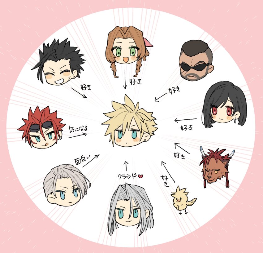 2girls 6+boys absurdres aerith_gainsborough animal aqua_eyes barret_wallace beard black_hair blonde_hair blush border brown_hair chibi chibi_only chocobo closed_eyes closed_mouth earrings facial_hair facial_mark facial_scar feather_hair_ornament feathers final_fantasy final_fantasy_vii final_fantasy_vii_remake goggles goggles_on_head green_eyes grey_hair grin hair_between_eyes hair_ornament hair_ribbon hair_slicked_back highres jewelry ktsmmi long_hair multiple_boys multiple_girls open_mouth orange_eyes orange_fur parted_bangs pink_border pink_ribbon portrait red_eyes red_hair red_xiii relationship_graph reno_(ff7) ribbon rufus_shinra scar scar_across_eye scar_on_cheek scar_on_face sephiroth short_hair sidelocks single_earring smile spiked_hair sunglasses swept_bangs teeth tifa_lockhart tongue tongue_out very_short_hair white_background zack_fair