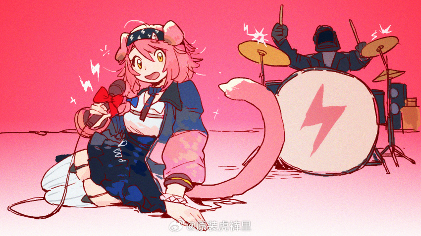 1girl 1other animal_ears apt._(rose_&amp;_bruno_mars) arknights bangle bracelet cat_ears cat_girl cat_tail commentary doctor_(arknights) drum drum_set drumsticks english_commentary folded_ear garter_straps goldenglow_(arknights) headband holding holding_drumsticks holding_microphone instrument jacket jewelry lightning_bolt_symbol looking_at_viewer microphone milkybot music on_floor open_mouth pink_background pink_fur pink_hair ribbon singing sitting skirt smile sparkle tail thighhighs watermark weibo_watermark yellow_eyes