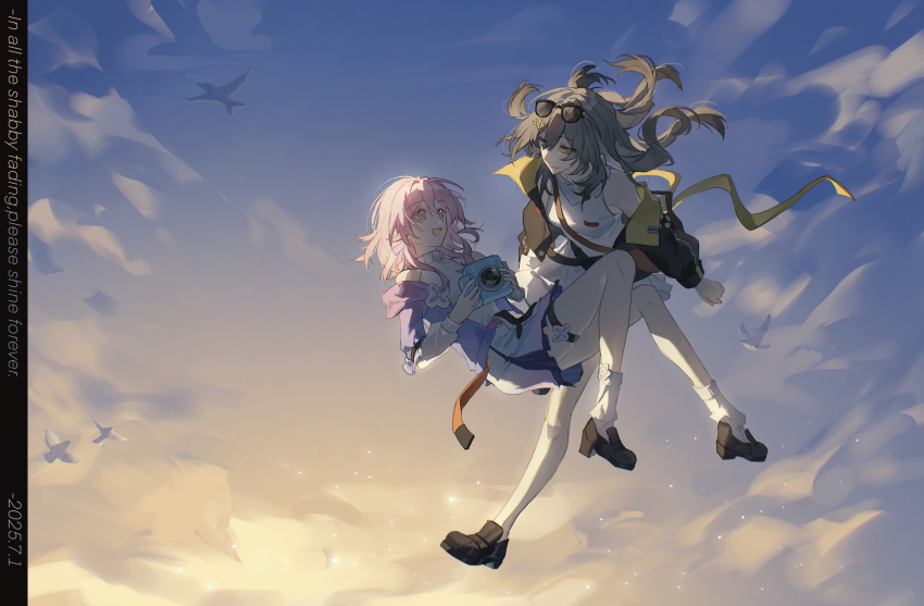 2girls absurdres belt black_jacket black_shoes blue_eyes blue_jacket blue_skirt camera chinese_commentary commentary_request dated dress english_text eyewear_on_head flower_ornament full_body gradient_clothes gradient_jacket grey_hair highres holding holding_camera honkai:_star_rail honkai_(series) jacket layered_skirt loafers looking_at_another march_7th_(feast)_(honkai:_star_rail) march_7th_(honkai:_star_rail) medium_hair miniskirt multicolored_eyes multiple_girls official_alternate_costume pink_belt pink_eyes pink_hair pink_jacket pink_skirt qingxinguayu. shirt shoes skirt sleeveless smile socks stelle_(honkai:_star_rail) stelle_(world_tour_2023)_(honkai:_star_rail) sunglasses thigh_strap trailblazer_(honkai:_star_rail) turtleneck turtleneck_shirt two-sided_fabric two-sided_jacket two-tone_eyes variant_set white_dress white_socks yellow_eyes yellow_jacket