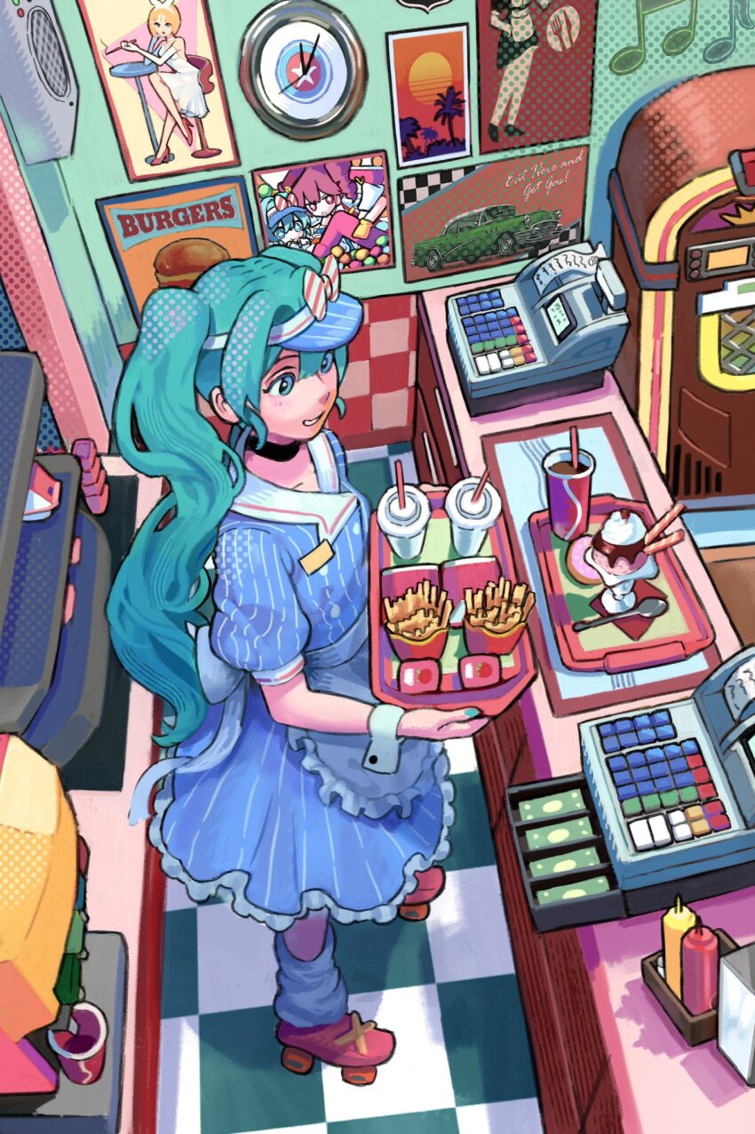 1girl apron aqua_eyes aqua_hair calilo cash_register checkered_floor choker clock commentary counter cup diner disposable_cup donut dress drinking_straw food french_fries frilled_dress frills from_above full_body hatsune_miku highres holding holding_tray ice_cream jukebox kagamine_rin kasane_teto ketchup ketchup_bottle leg_warmers long_hair mesmerizer_(vocaloid) mustard mustard_bottle nail_polish poster_(object) restaurant roller_skates sauce_packet short_sleeves skates smile soda_fountain solo spoon striped_clothes striped_dress sundae tile_floor tiles tray twintails very_long_hair visor_cap vocaloid wafer_stick waist_apron waitress wall_clock wrist_cuffs