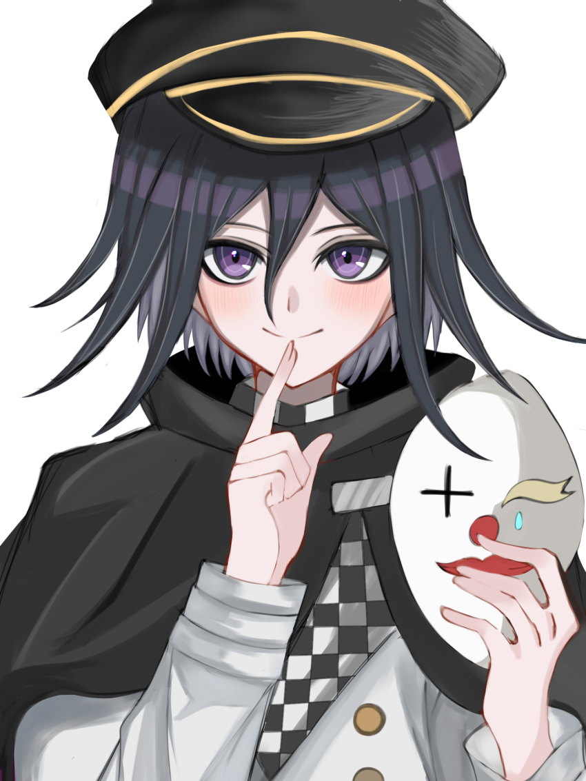 1boy bishounen black_cape black_hair black_hat blush bright_pupils buttons cape checkered_clothes checkered_scarf closed_mouth clown_mask commentary danganronpa_(series) danganronpa_v3:_killing_harmony finger_to_mouth flipped_hair grey_background hair_between_eyes hat highres holding holding_mask ika_ringu long_sleeves looking_at_viewer male_focus mask oma_kokichi peaked_cap purple_eyes purple_hair ringed_eyes scarf short_hair shushing simple_background smile solo two-tone_scarf upper_body