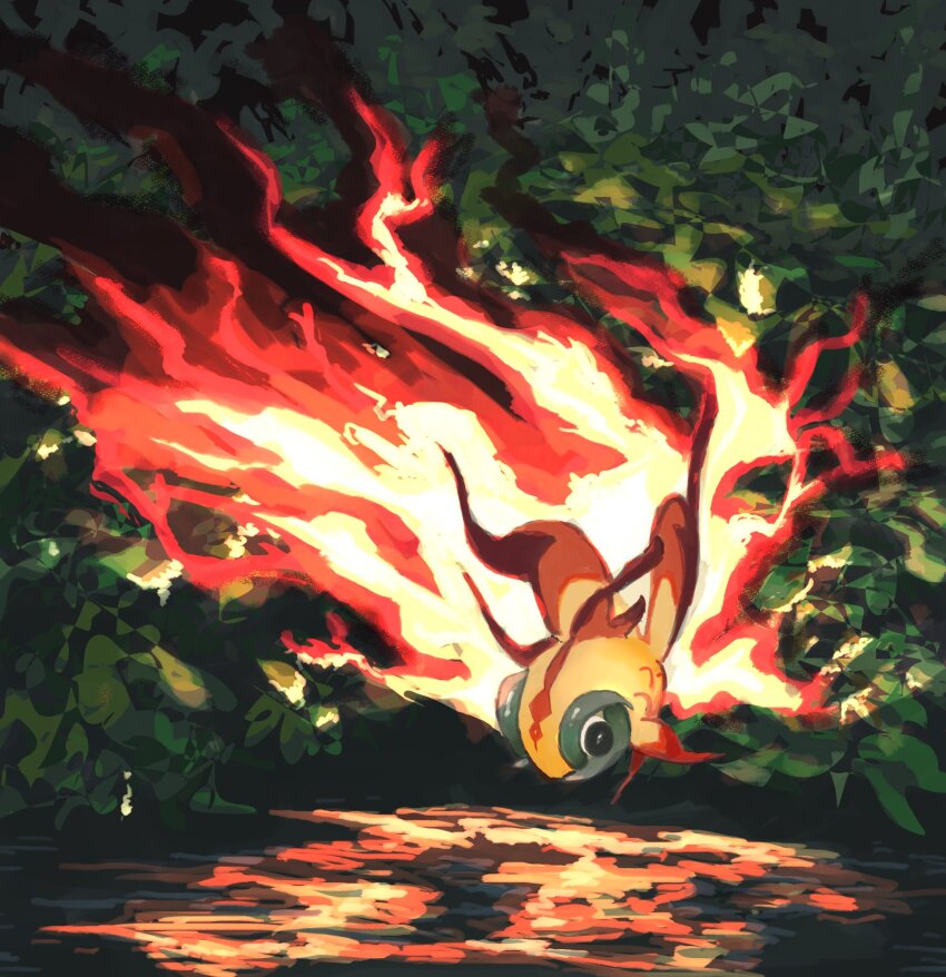 black_eyes burning chi-yu_(pokemon) colored_skin fire fish floating foliage full_body highres nintendo no_humans oisisabatugun orange_skin pokemon pokemon_(creature) pokemon_focus solo