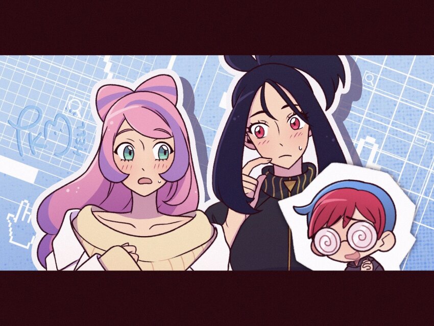 3girls @_@ black_hair black_jacket blue_background blue_hair blush closed_mouth collarbone commentary dendra_(pokemon) eyelashes green_eyes hand_up highres himejoshi hood hoodie interlocked_fingers jacket letterboxed long_hair long_sleeves miriam_(pokemon) multicolored_hair multiple_girls nintendo open_mouth own_hands_together penny_(pokemon) pink_hair pokemon pokemon_sv red_hair short_hair sidelocks sideways_glance sleeves_past_wrists submashell sweatdrop sweater two-tone_hair yellow_sweater zipper_pull_tab