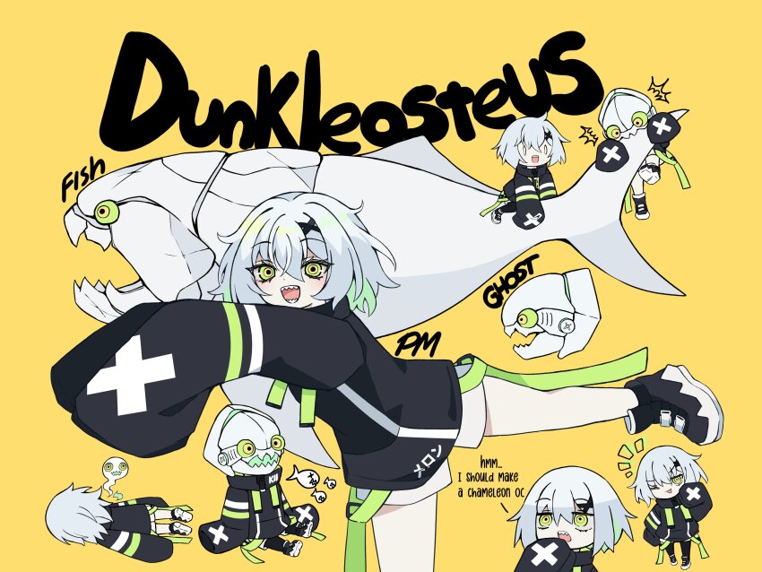 1girl :d ^^^ absurdres armor biting biting_another&#039;s_tail black_jacket black_shoes character_name chibi chomping colored_inner_hair commentary creature_and_personification dunkleosteus english_commentary english_text faceplant fish foot_out_of_frame full_body green_eyes green_hair green_trim hair_between_eyes hair_ornament hanging helmet high_tops highres jacket lying melonbread meme multicolored_eyes multicolored_hair multiple_views notice_lines o_o on_stomach open_mouth original personification prehistoric_animal riding riding_animal ringed_eyes sakana~_(meme) sharp_teeth shoes short_hair short_shorts shorts sitting sitting_backwards sleeves_past_fingers sleeves_past_wrists smile sneakers solo_focus standing standing_on_one_leg strap tail teeth translated two-tone_eyes velcro_footwear very_long_sleeves visor_(armor) white_hair white_shorts white_trim wide_sleeves x_hair_ornament x_x yellow_background yellow_eyes