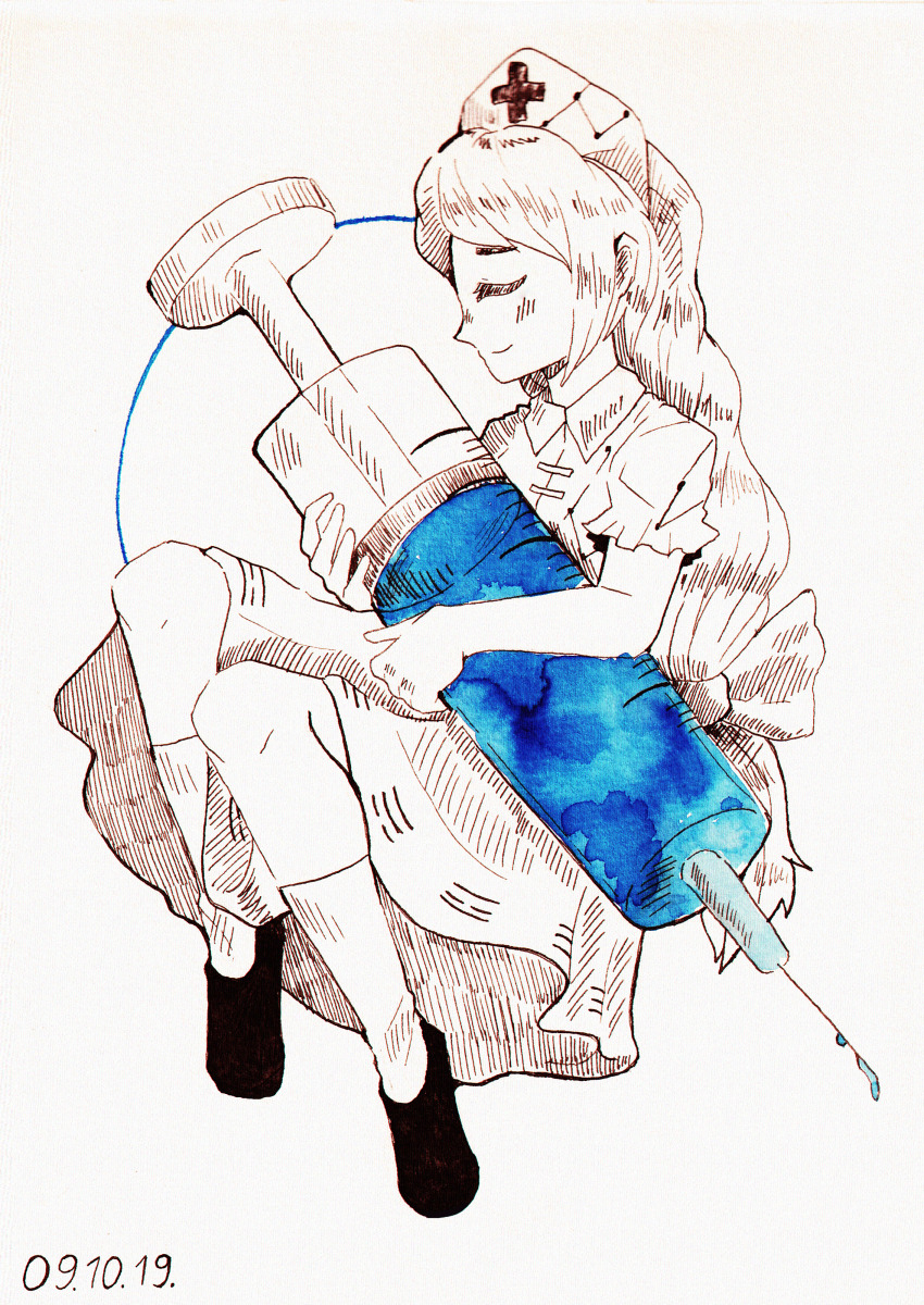 1girl 2019 absurdres bow closed_eyes closed_mouth collared_shirt commentary dated dress dungeon_toaster english_commentary full_body hair_bow hat highres holding holding_syringe inktober long_hair needle nurse_cap oversized_object puffy_short_sleeves puffy_sleeves shirt shoes short_sleeves simple_background socks solo spot_color syringe touhou very_long_hair white_background yagokoro_eirin