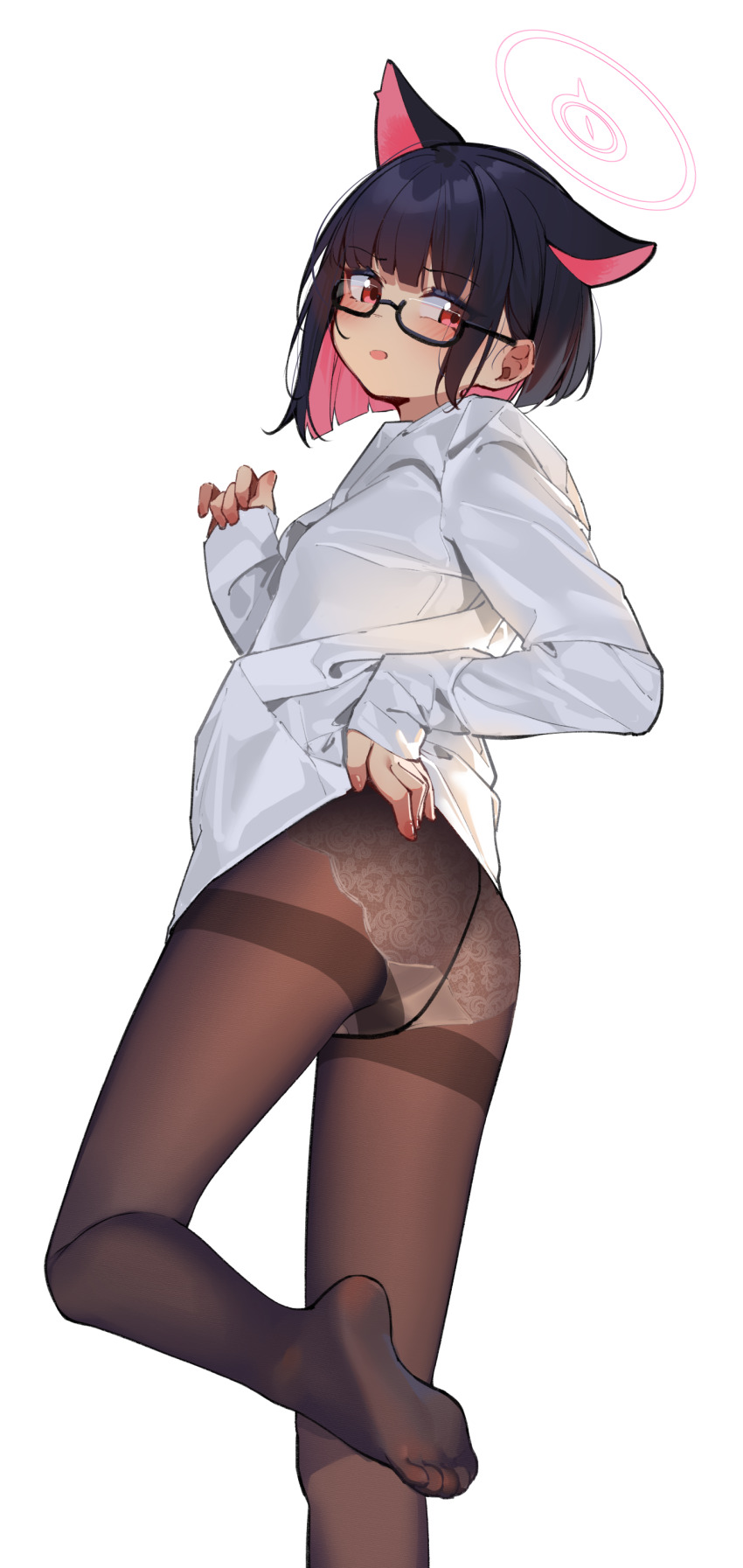1girl :o absurdres animal_ears ass bespectacled black-framed_eyewear black_hair blue_archive blunt_ends blush brown_pantyhose cat_ears colored_inner_hair extra_ears glasses halo highres kazusa_(blue_archive) lace lace_panties looking_at_viewer looking_to_the_side multicolored_hair no_pants no_shoes painterliuhao panties pantyhose pink_hair semi-rimless_eyewear shirt short_hair simple_background soles solo standing standing_on_one_leg two-tone_hair under-rim_eyewear underwear white_background white_panties white_shirt