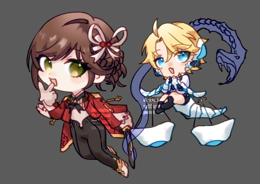 1boy 1girl :d absurdres adapted_costume ahoge black_pants blonde_hair blue_eyes brown_gloves brown_hair chibi davis_(tears_of_themis) fang ferventime full_body gloves green_eyes grey_background hair_ornament highres holding holding_sword holding_weapon honkai_(series) honkai_impact_3rd jacket long_hair mihoyo open_mouth pants red_jacket rosa_(tears_of_themis) short_hair simple_background skin_fang smile snake sword tears_of_themis v watermark weapon