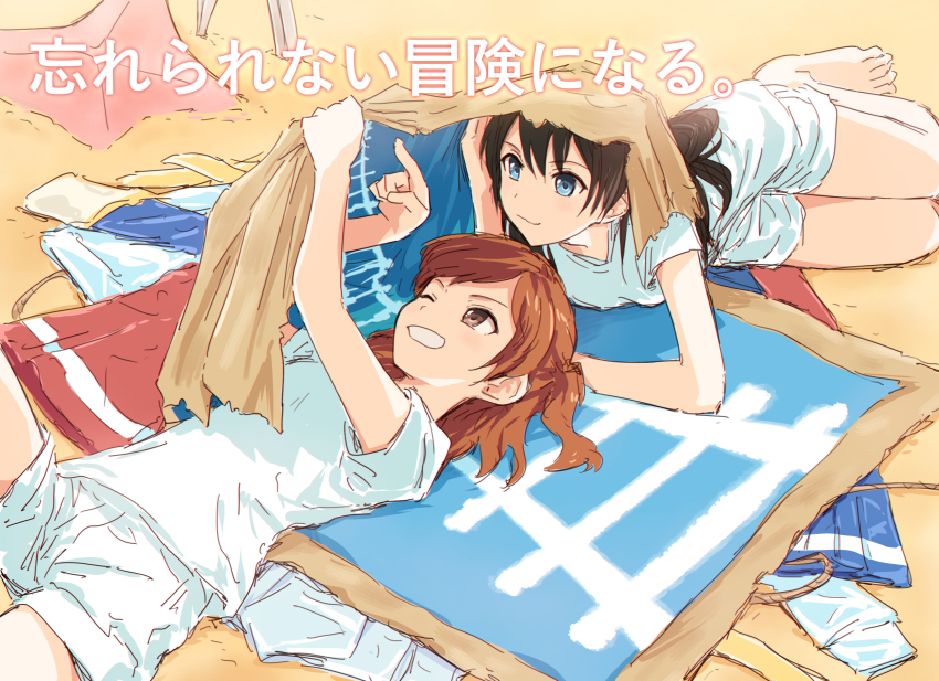 2girls ;d absurdres aijou_karen barefoot black_hair blue_eyes breasts brown_eyes brown_hair bullfalk closed_mouth commentary_request derivative_work grin highres index_finger_raised jacket kagura_hikari leg_up long_hair looking_at_another lying medium_breasts medium_hair multiple_girls on_back on_side one_eye_closed open_mouth pointing shirt shorts shoujo_kageki_revue_starlight skirt smile translation_request two_side_up unworn_jacket unworn_shirt unworn_skirt white_shirt white_shorts