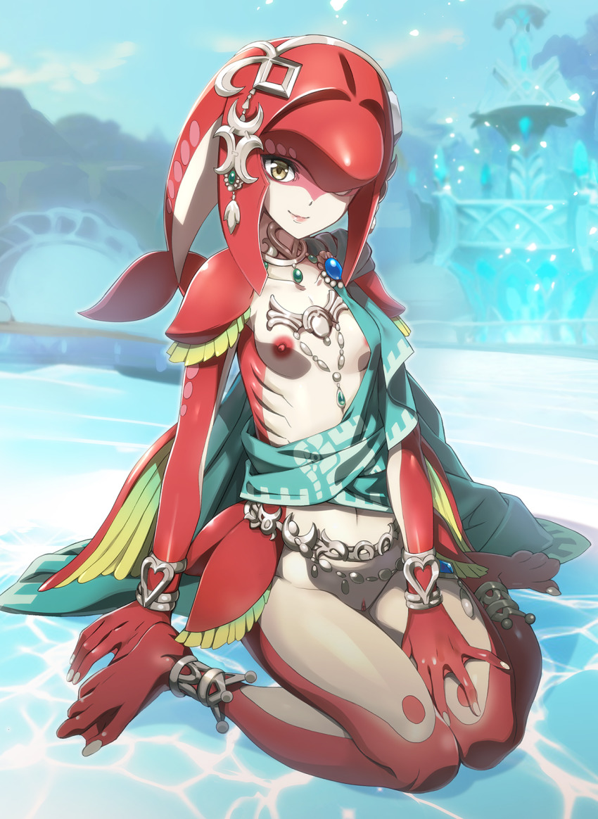 1girl anklet barefoot belt bracelet breasts fins fountain gills highres jewelry looking_at_viewer mipha monster_girl navel necklace nintendo nipples nyoro_(nyoronyoro000) outdoors pussy sitting smile solo tail the_legend_of_zelda the_legend_of_zelda:_breath_of_the_wild third-party_edit wariza webbed_hands yellow_eyes zora