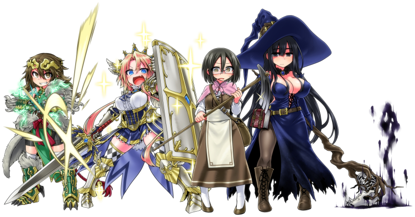 4girls argyle_clothes argyle_legwear armor bag bandages bare_shoulders bike_shorts black_hair black_legwear blonde_hair blue_eyes blush book boots breasts brown_eyes brown_hair capelet china_dress chinese_clothes claws cleavage crown dress elbow_gloves fang fist_bump fur gauntlets glasses gloves grin handbag hat head_wings highres himekawa_hinari hizato_akari hoe inuyama_kuroe large_breasts long_hair looking_at_viewer looking_down low_twintails magic multiple_girls open_mouth original pantyhose pelvic_curtain shield short_hair simple_background skull smile sweatdrop sword twintails wand weapon white_background white_legwear wings witch_hat worktool yamada_yoshino yoshida_hideyuki