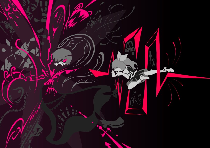 2girls absurdres alice_margatroid bicycles_only_sign black_background blouse bow candle commentary commentary_request cookie_(touhou) daiyousei disembodied_head diyusi_(cookie) dress eldritch_abomination energy_sword english_commentary eyes_visible_through_hair fire flower full_body glowing glowing_eyes hair_bow hairband high-visibility_clothing high-visibility_vest highres hinase_(cookie) holding lightsaber limited_palette looking_at_another mary_janes medium_hair mixed-language_commentary motor_vehicles_only_sign multiple_girls open_mouth pedestrians_only_sign red_eyes road_sign shirt shoes short_hair side_ponytail sign socks sword touhou traffic_baton tsuno_(nicoseiga11206720) weapon