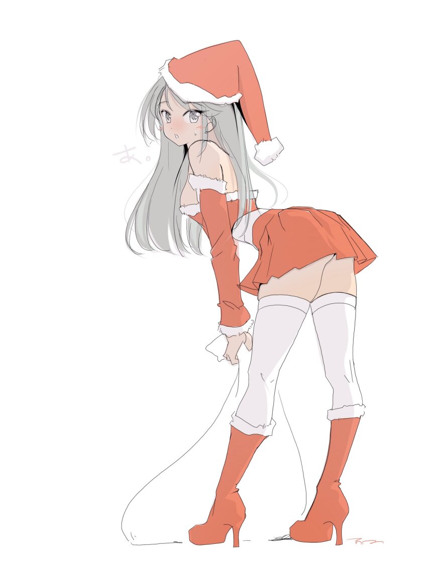 1girl alternate_costume boots detached_sleeves dress from_behind fur-trimmed_boots fur-trimmed_dress fur-trimmed_headwear fur_trim grey_eyes grey_hair hat high_heel_boots high_heels highres kantai_collection knee_boots leaning_forward looking_at_viewer red_boots red_dress red_hat sagiri_(kancolle) santa_hat simple_background solo strapless strapless_dress tada_(tactical_tada) thighhighs white_background white_thighhighs