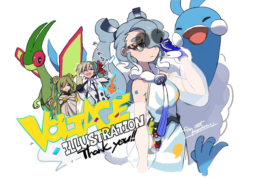 altaria blue_sky electric_miku_(project_voltage) flygon flying_miku_(project_voltage) gen_3_pokemon gen_4_pokemon glasses green_hair ground_miku_(project_voltage) hatsune_miku highres multiple_girls nintendo pokemon pokemon_(creature) project_voltage rotom siirakannu sky twintails vocaloid