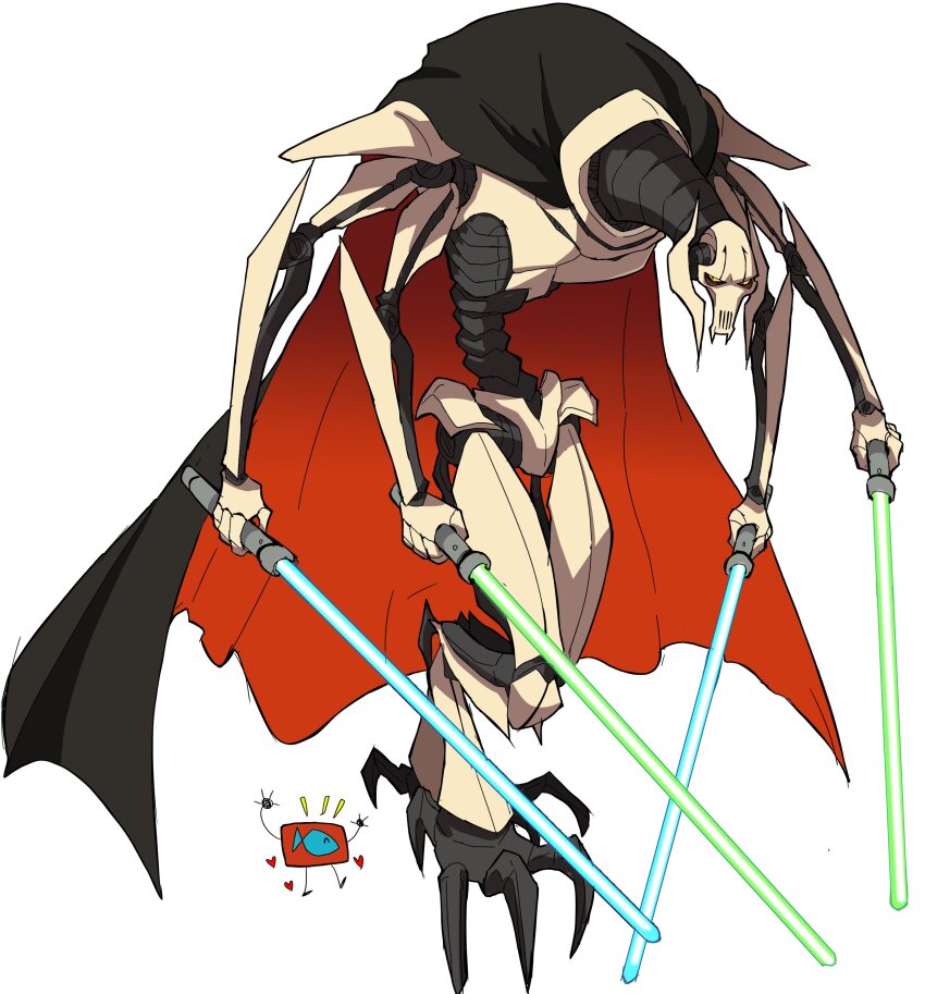 1boy absurdres android cape colored_sclera cyberlord1109 cyborg extra_arms full_body general_grievous glowing glowing_sword glowing_weapon helmet highres holding holding_sword holding_weapon hunched_over looking_at_viewer male_focus no_humans no_pupils solo spot_color star_wars sword weapon white_background yellow_sclera