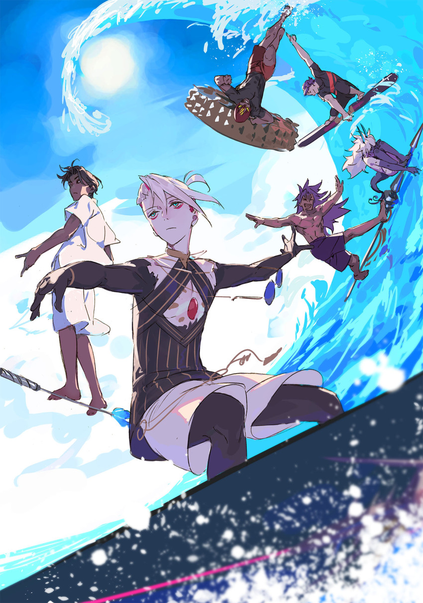 6+boys arjuna_(fate) arjuna_alter_(fate) ashwatthama_(fate) bhima_(fate) black_hair blue_eyes dark-skinned_male dark_skin duryodhana_(fate) fate/grand_order fate_(series) highres horns karna_(fate) long_hair male_focus male_swimwear multiple_boys ocean pako_(pakosun) pointing pointing_up purple_hair sunglasses surfing swim_trunks waves white_hair
