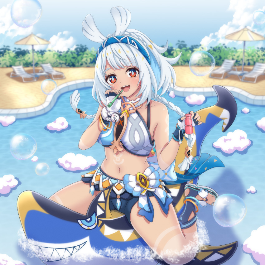 1girl a5hio absurdres aqua_headband bare_shoulders blue_hair blue_hairband blush body_markings braid breasts bubble crop_top dark_skin fingerless_gloves fish-shaped_pupils foam fur-lined_gloves genshin_impact gloves hairband hawaiian_clothes highres long_hair looking_at_viewer mualani_(genshin_impact) multicolored_hair navel open_mouth pool red_eyes simple_background smile solo symbol-shaped_pupils tan twin_braids water white_hair